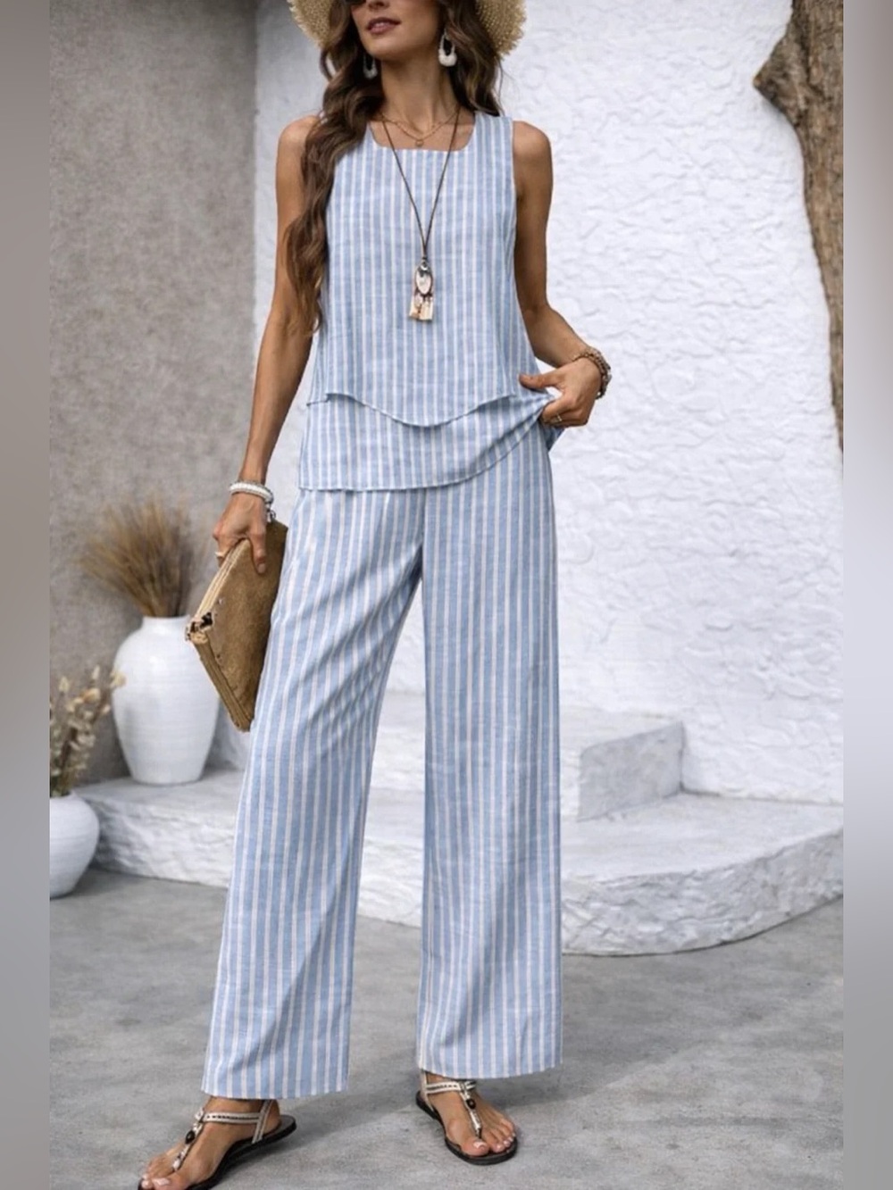 Sleeveless Blue Stripe Wide-Leg Jumpsuit